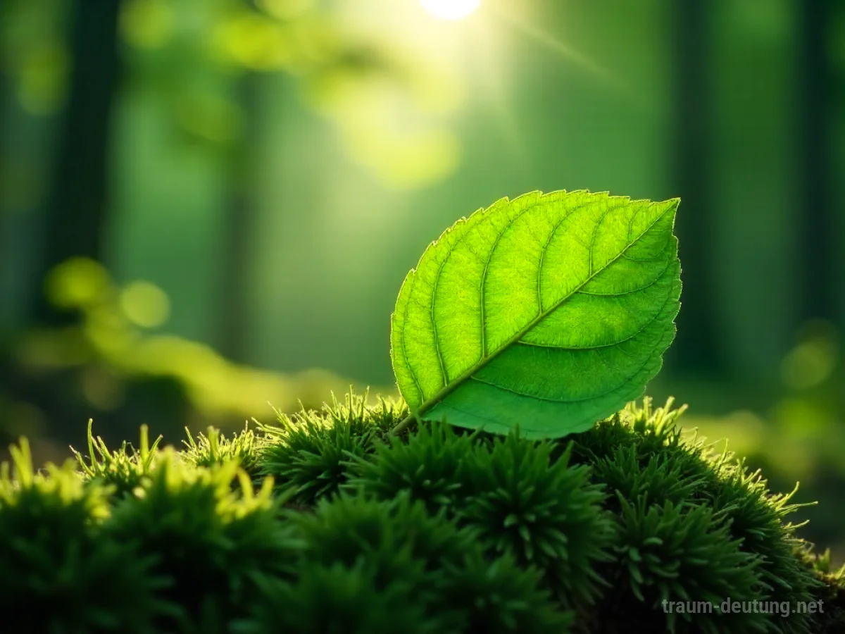 Ein großes, grünes Blatt liegt auf moosigem Waldboden im Sonnenlicht.