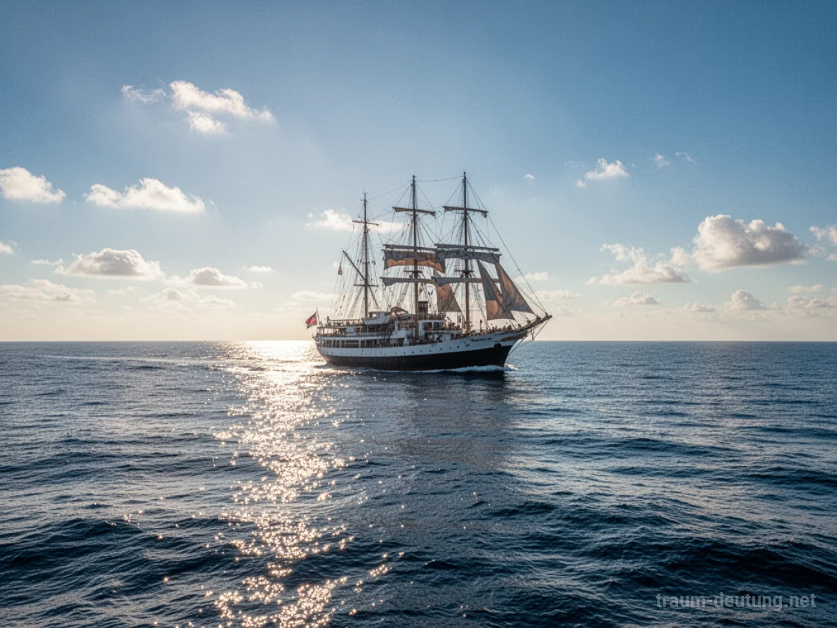 Großes Schiff fährt auf ruhiger See unter klarem Himmel.