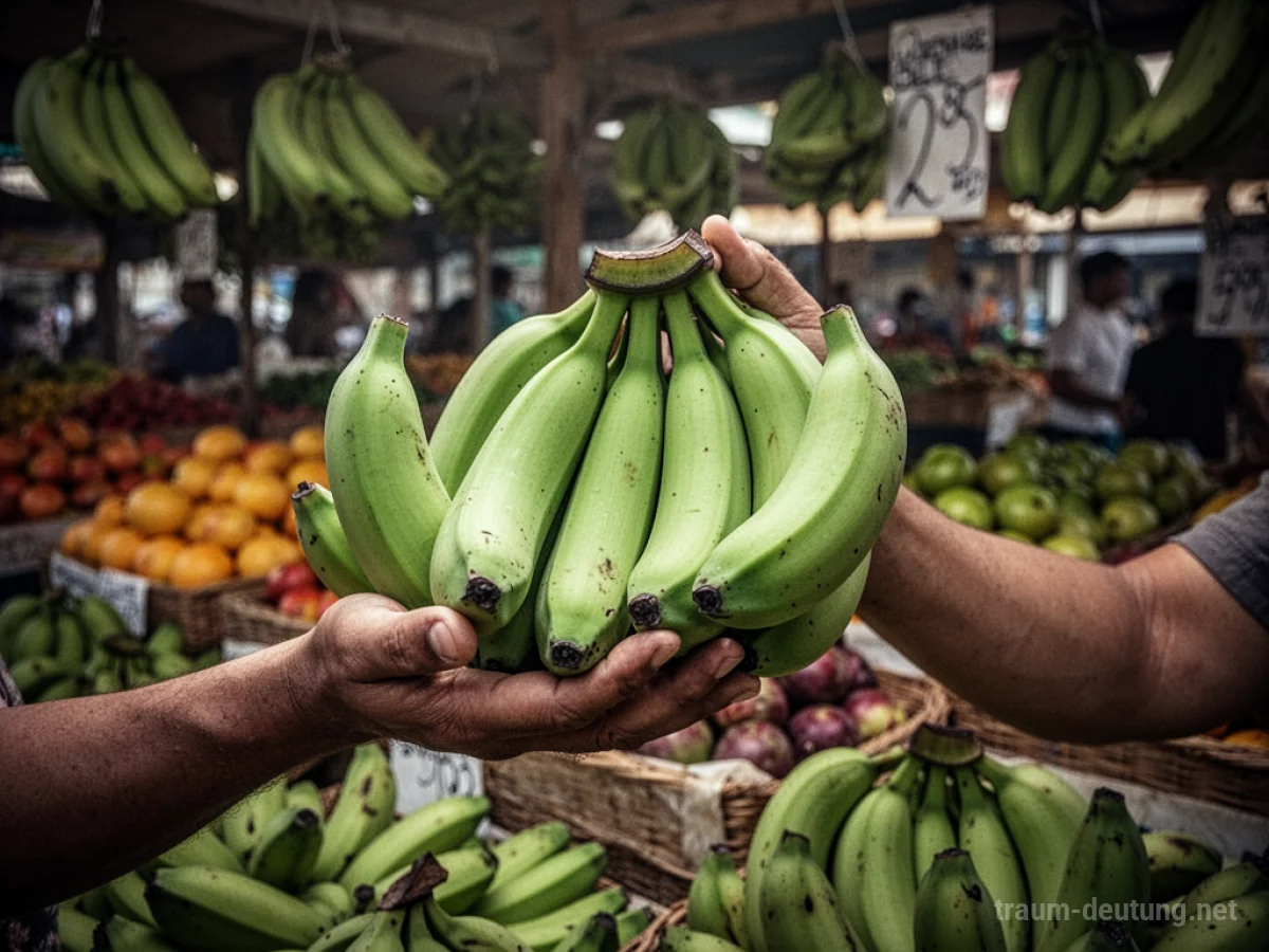 Hand kauft grüne Bananen auf einem Markt.