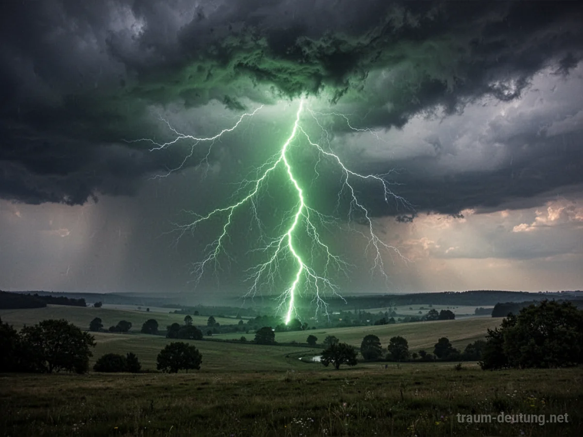 Grüner Blitz schlägt in eine Landschaft ein