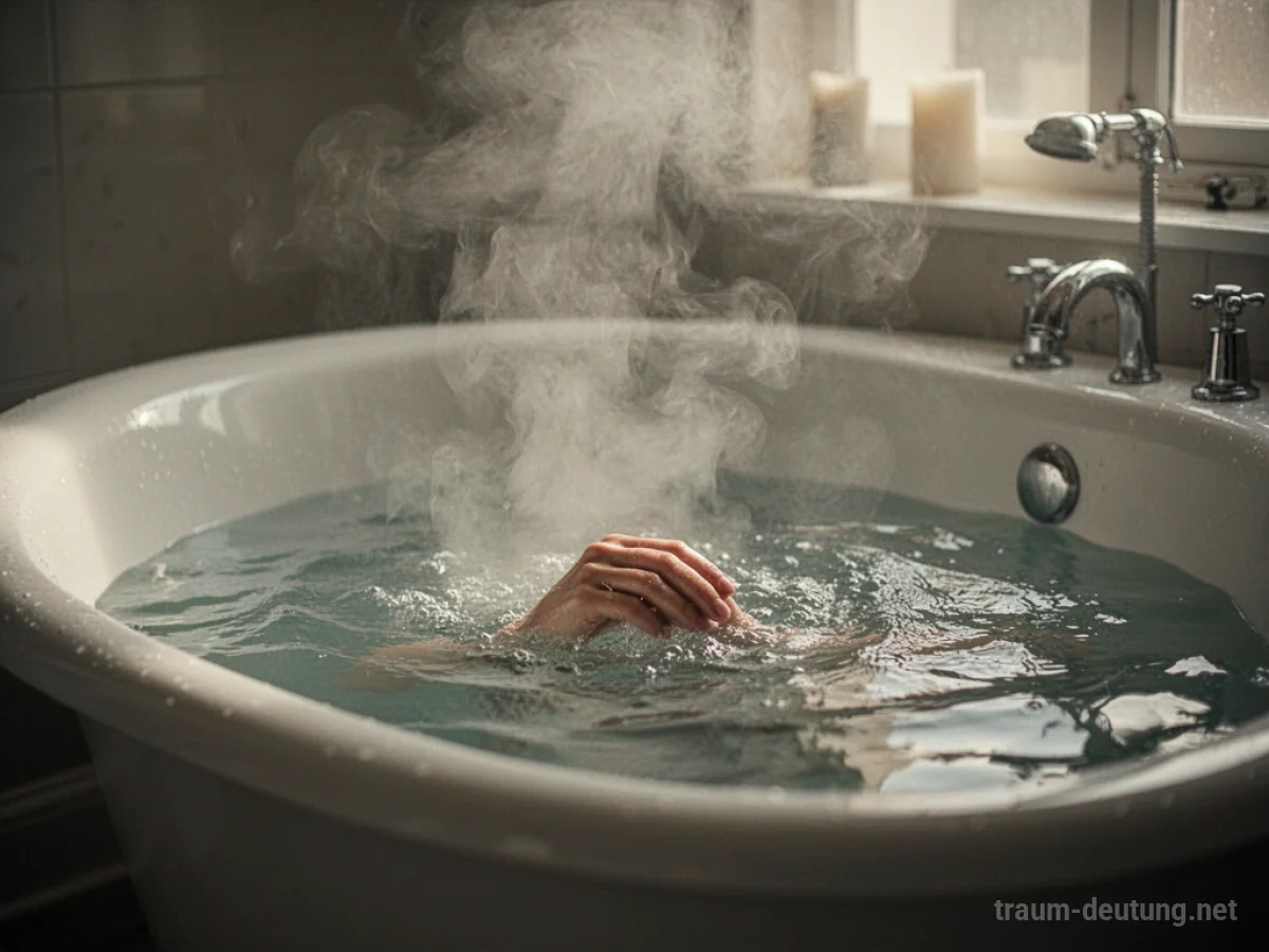 Dampf steigt aus einer Badewanne mit heißem Wasser, eine Hand ragt heraus.