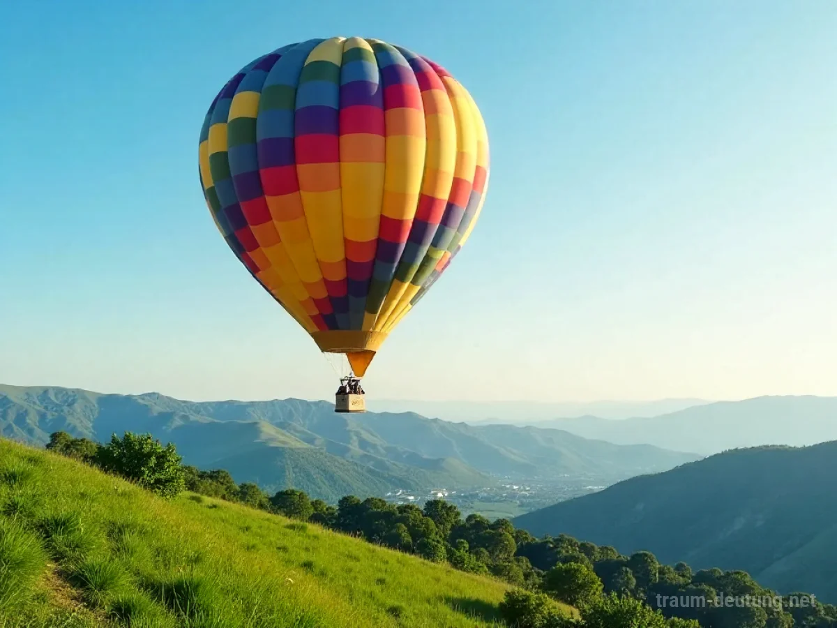 Heißluftballon steigt in den Himmel über grünen Hügeln.