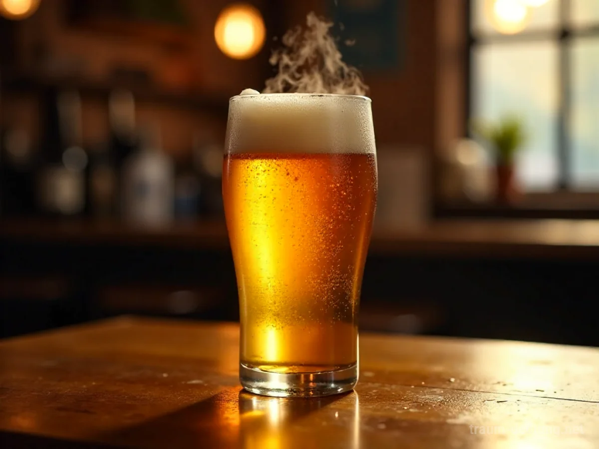 Ein Glas helles Bier mit Schaumkrone auf einem Holztisch in gedämpftem Licht.