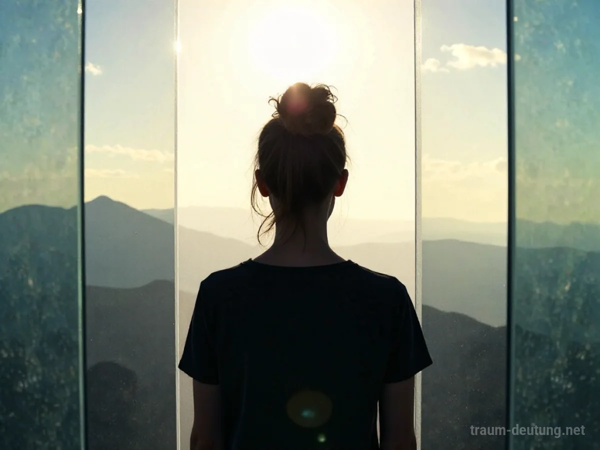 Silhouette einer Person blickt durch eine Barriere auf eine offene Landschaft.