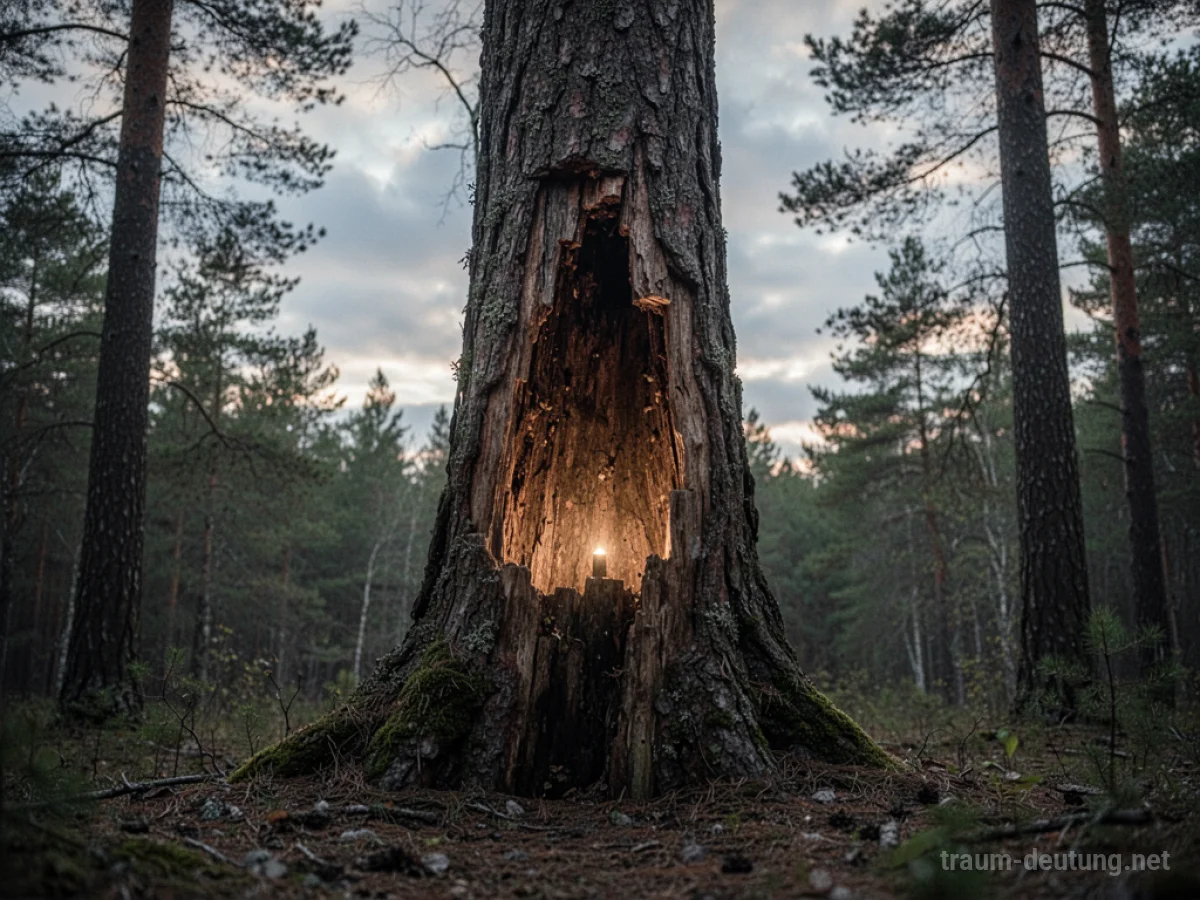Ein hohler Baumstamm mit einem schwachen Licht im Inneren, umgeben von einem Wald.