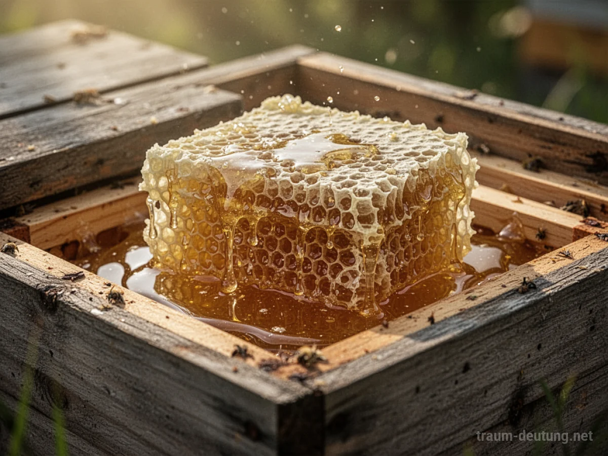 Goldener Honig fließt aus einem Bienenstock mit Waben.
