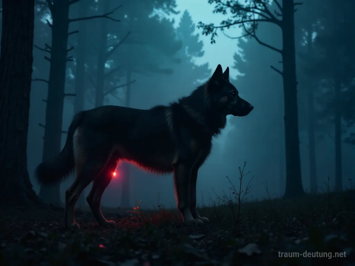 Hund in einem dunklen Wald mit einem leichten roten Schimmer