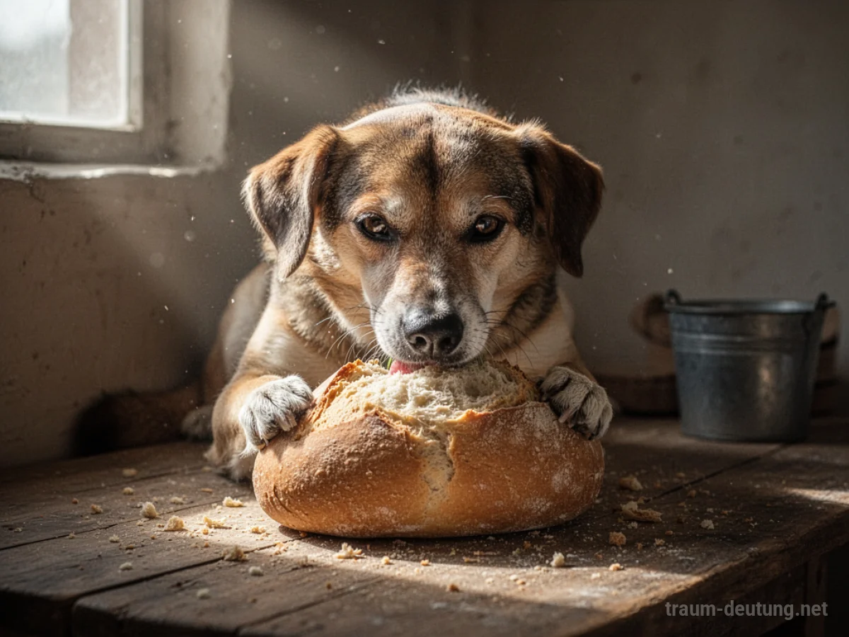 Hund frisst ein Brot in einer einfachen Umgebung.