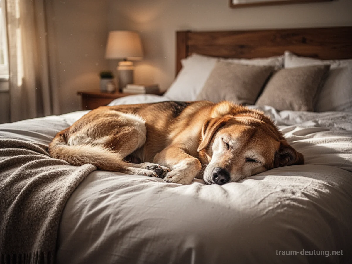 Hund schläft friedlich auf einem Bett in einem gemütlichen Zimmer.