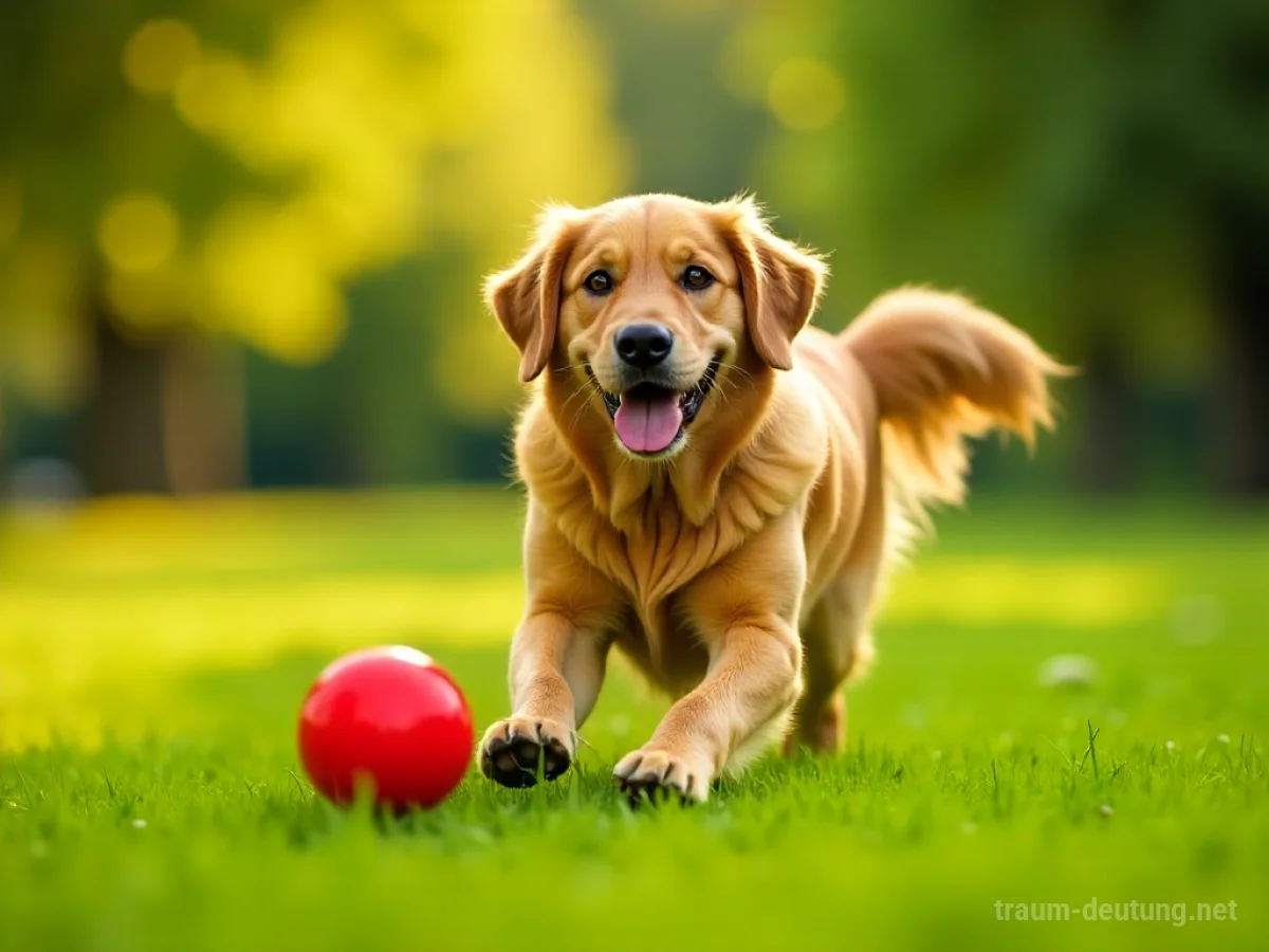Ein fröhlicher Hund spielt mit einem Ball auf einer grünen Wiese