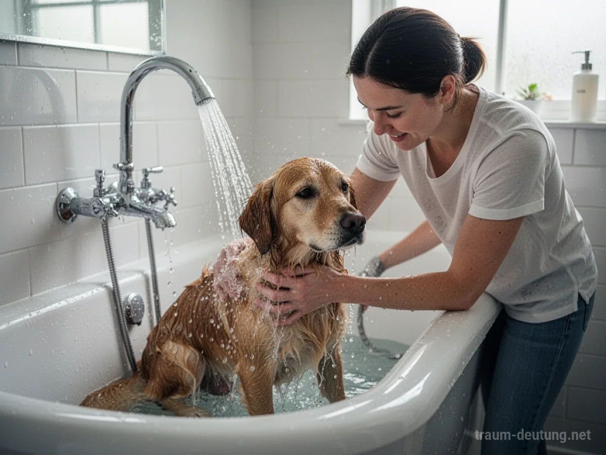 Person badet einen Hund im Badezimmer