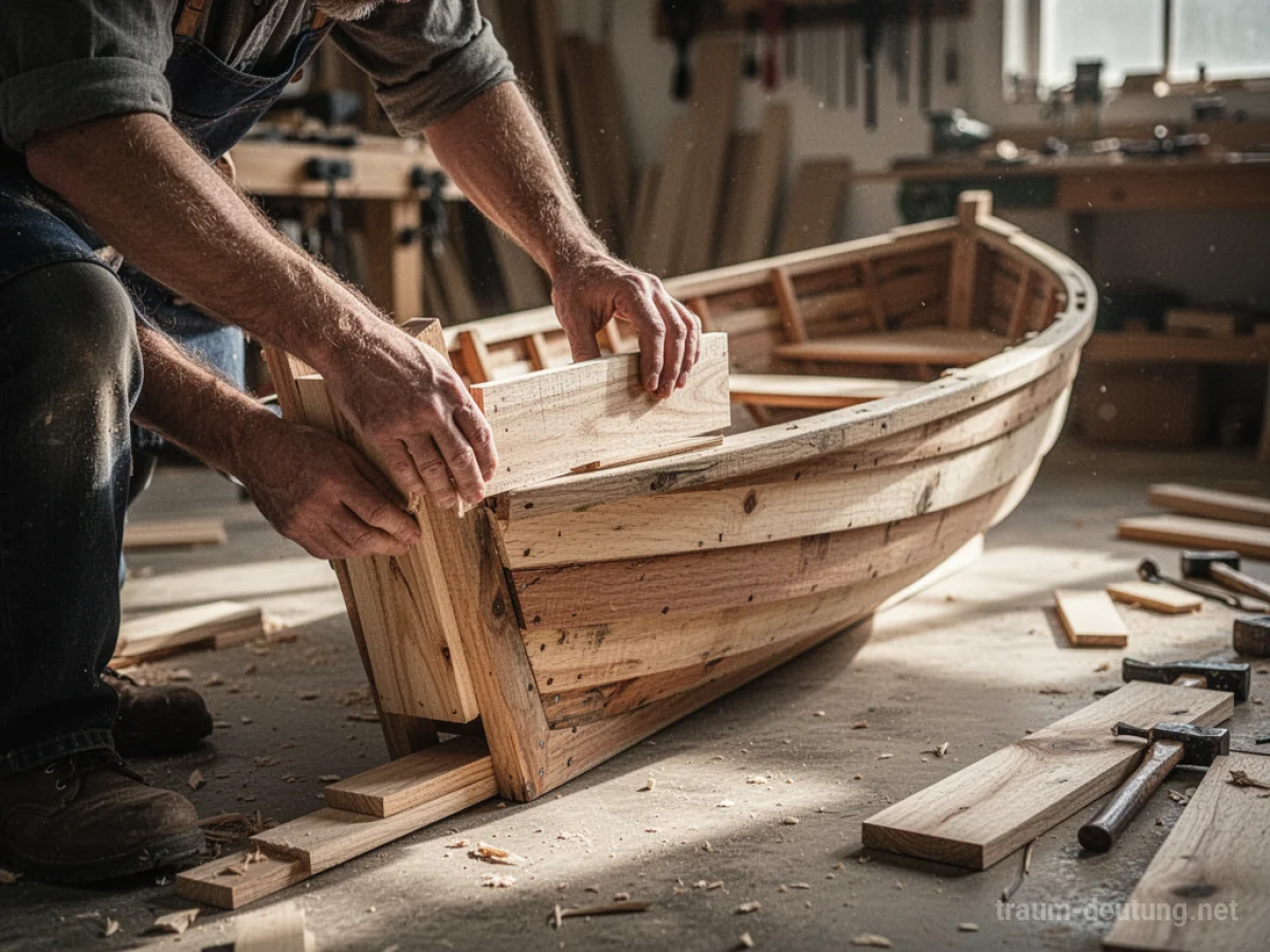Hände bauen ein Holzboot in einer Werkstatt