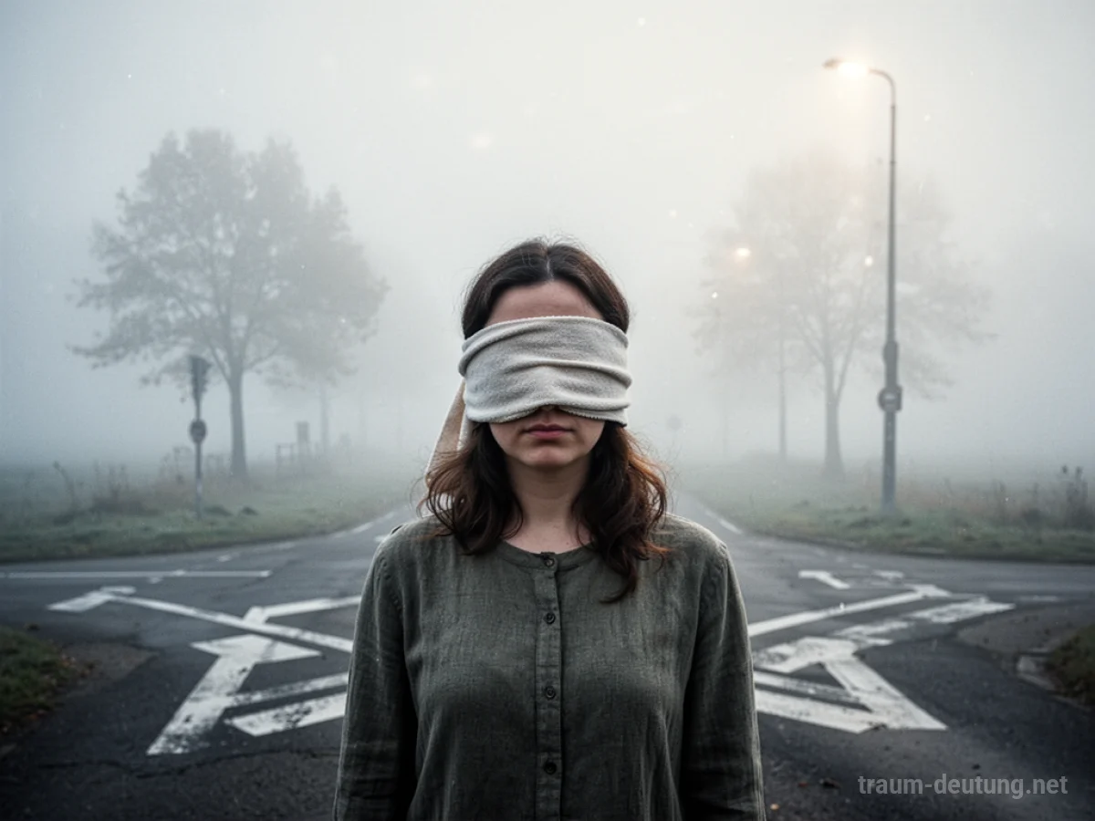 Person mit verbundenen Augen steht an einer Weggabelung im Nebel
