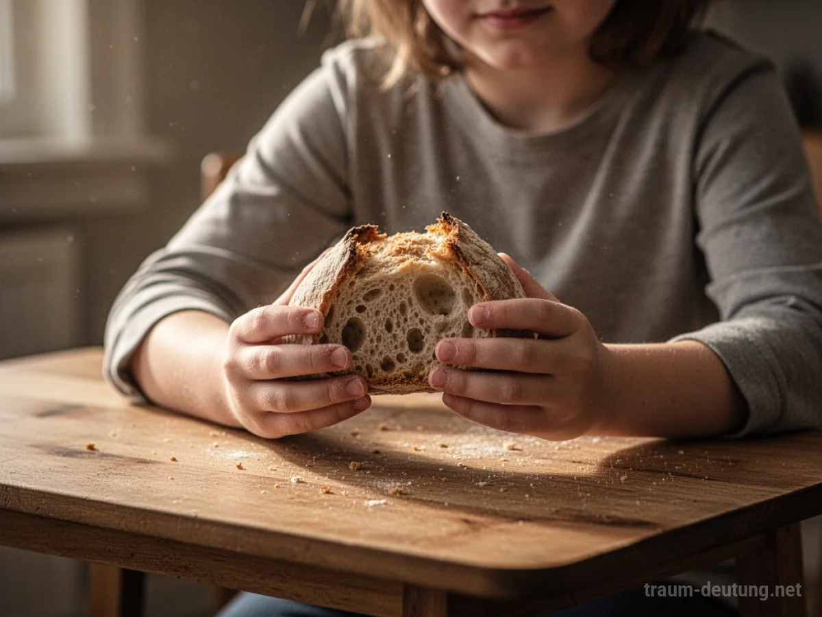 Eine Person isst ein Stück Brot an einem Holztisch.