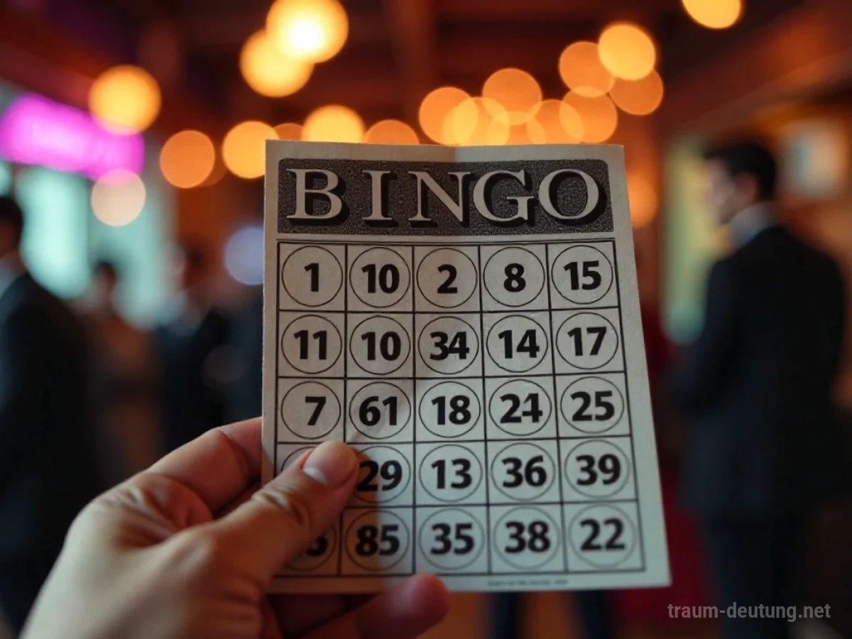 Hand hält Bingo-Karte mit Gewinnzahlen im Traum