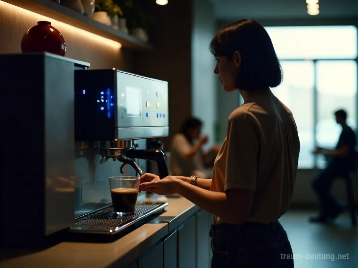 Person steht ratlos vor einer Kaffeemaschine, unfähig, Kaffee zuzubereiten.