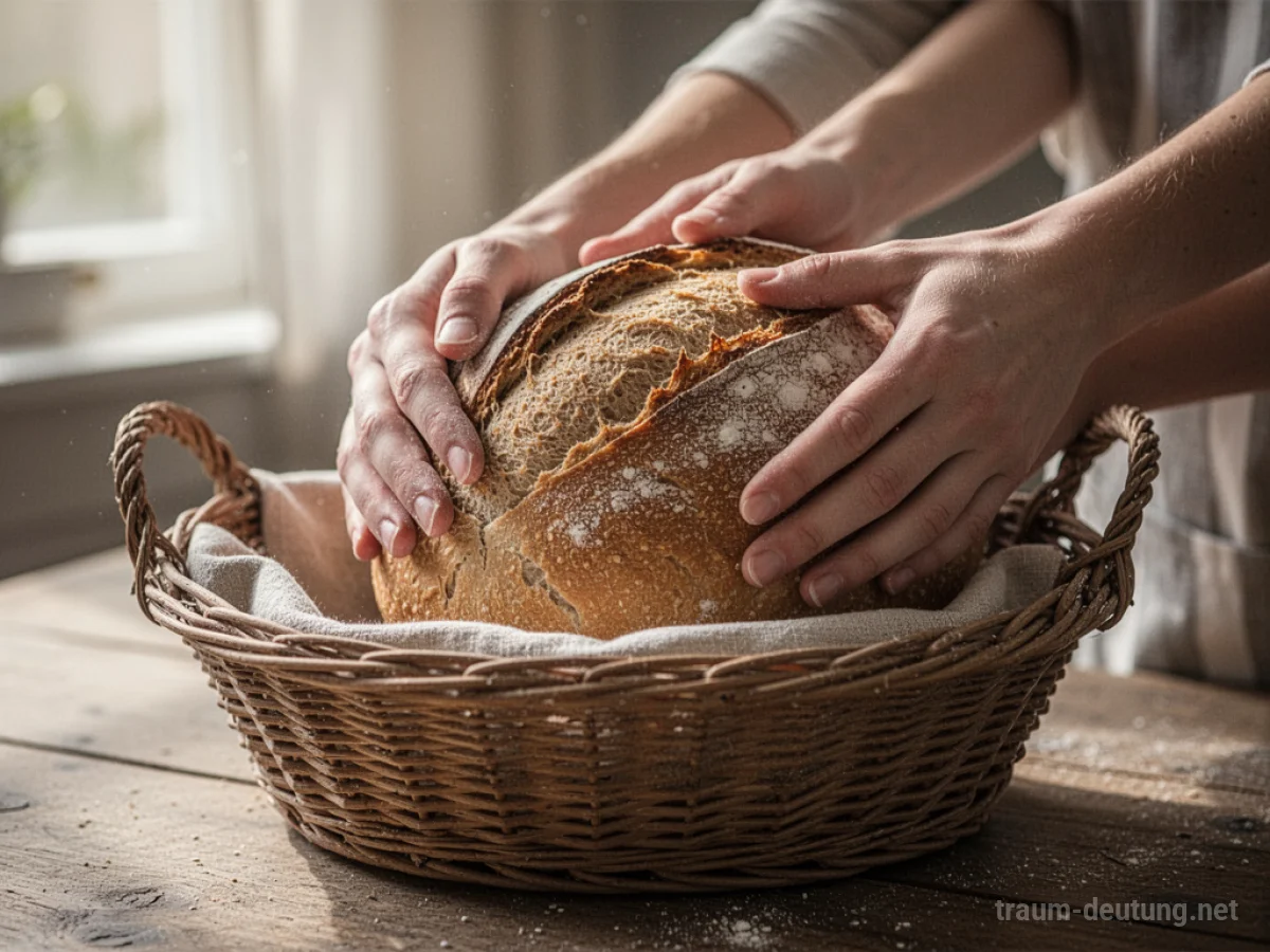 Hände legen ein Brot in einen Korb.