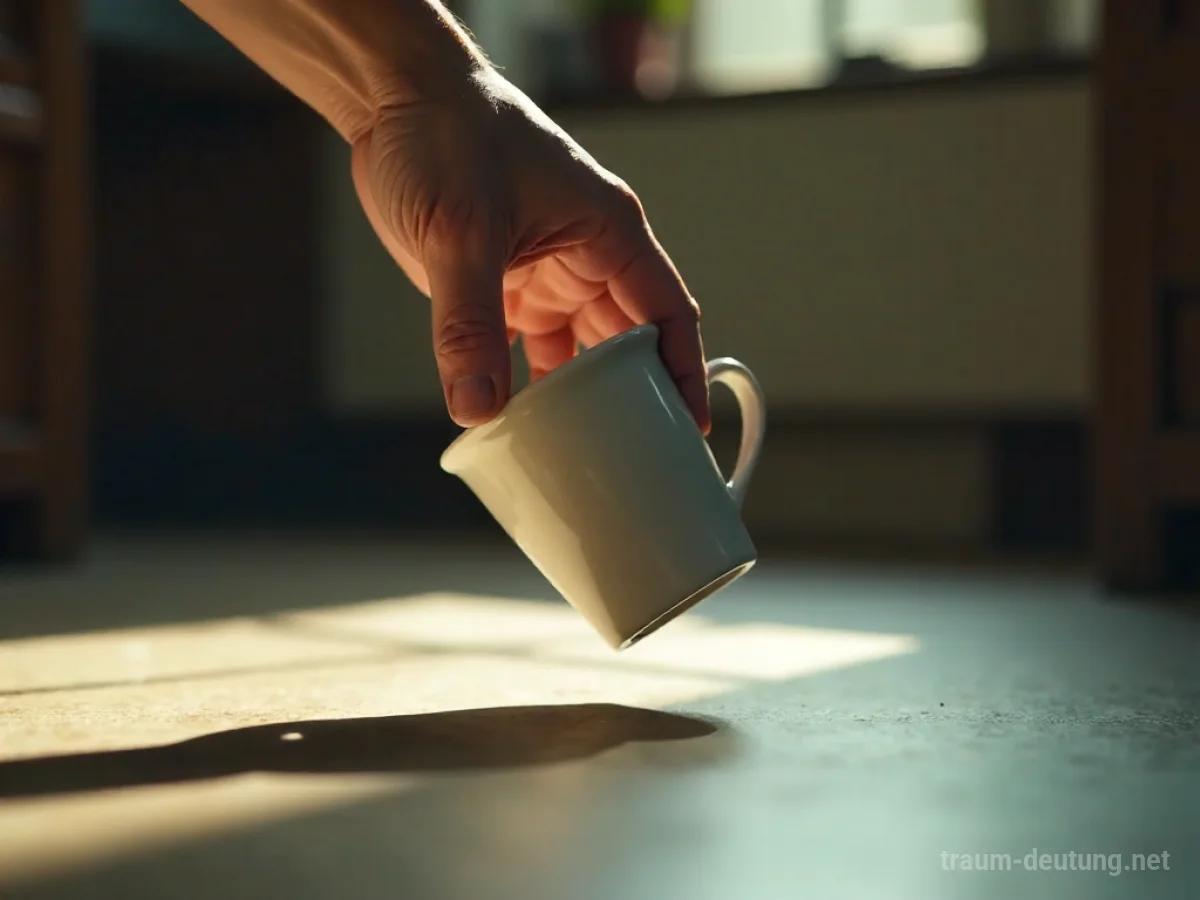 Ein Becher fällt aus einer Hand auf den Boden.