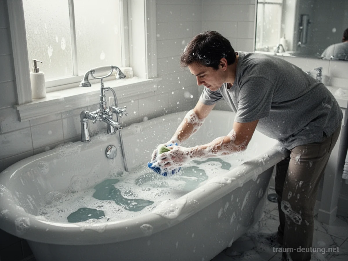 Eine Person putzt eine saubere Badewanne mit Schaum.