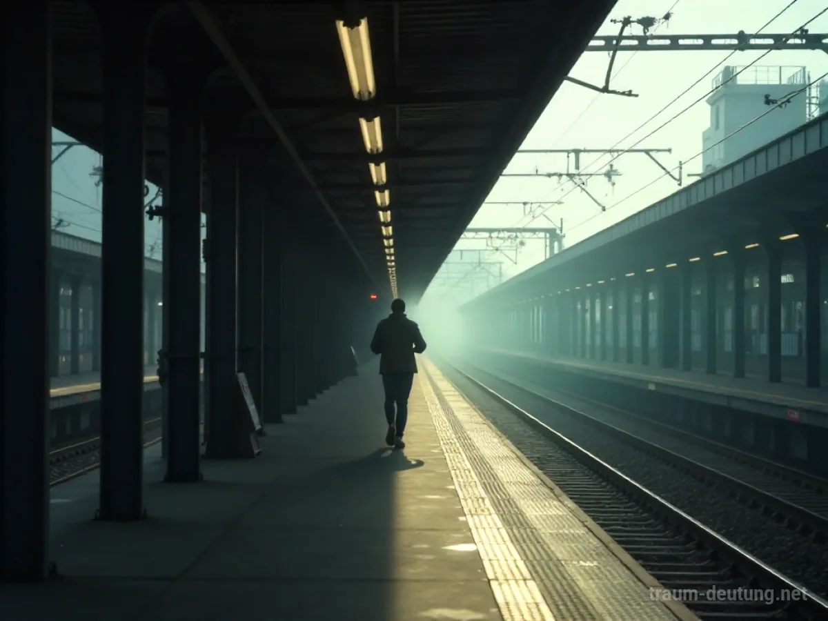 Eine Person rennt auf einem leeren Bahnsteig, ein Zug nähert sich in der Ferne.