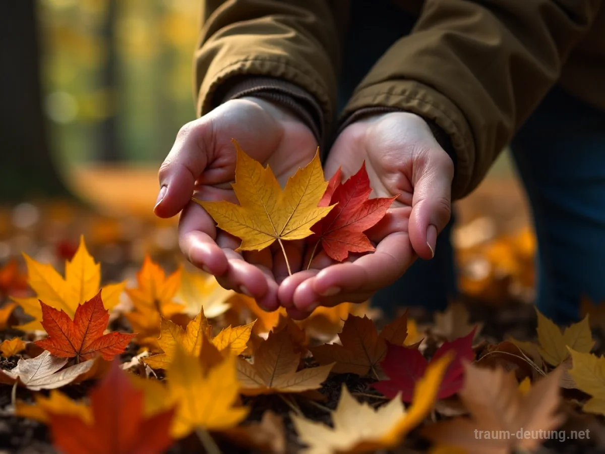 Hände sammeln bunte Herbstblätter auf Waldboden