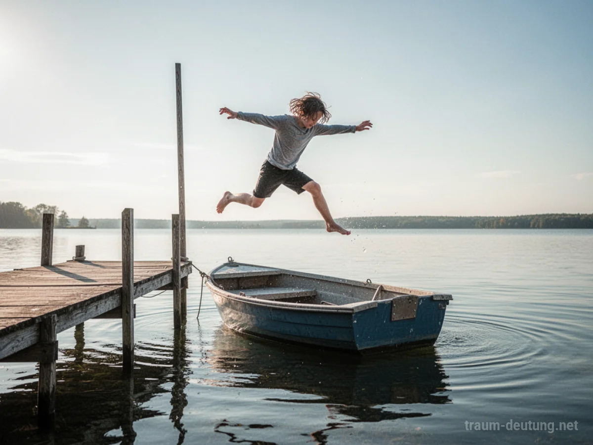 Person springt von einem Steg in ein leeres Boot auf ruhigem Wasser.