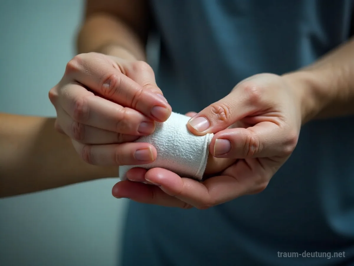 Hand legt einen weißen Verband um einen Unterarm.