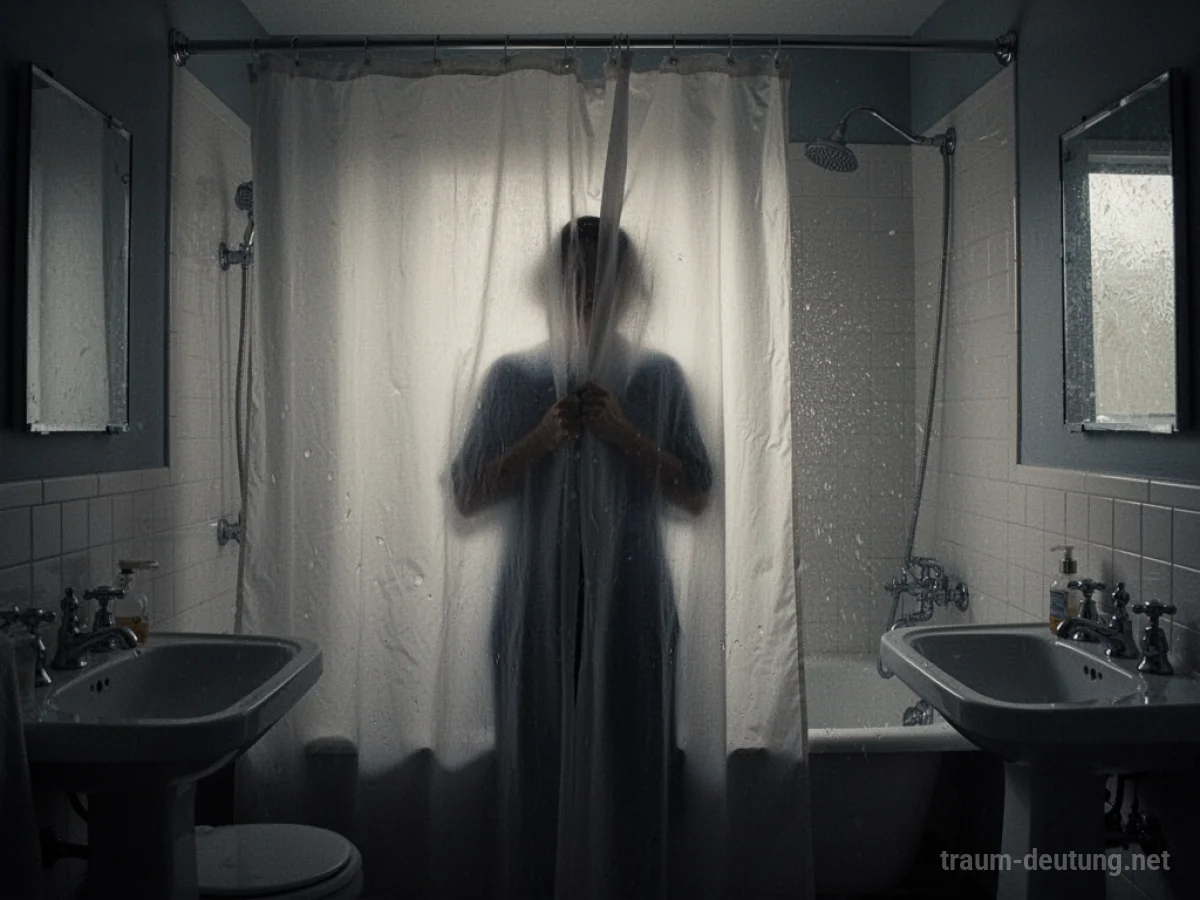 Silhouette einer Person, die sich im Badezimmer hinter einem Duschvorhang versteckt.