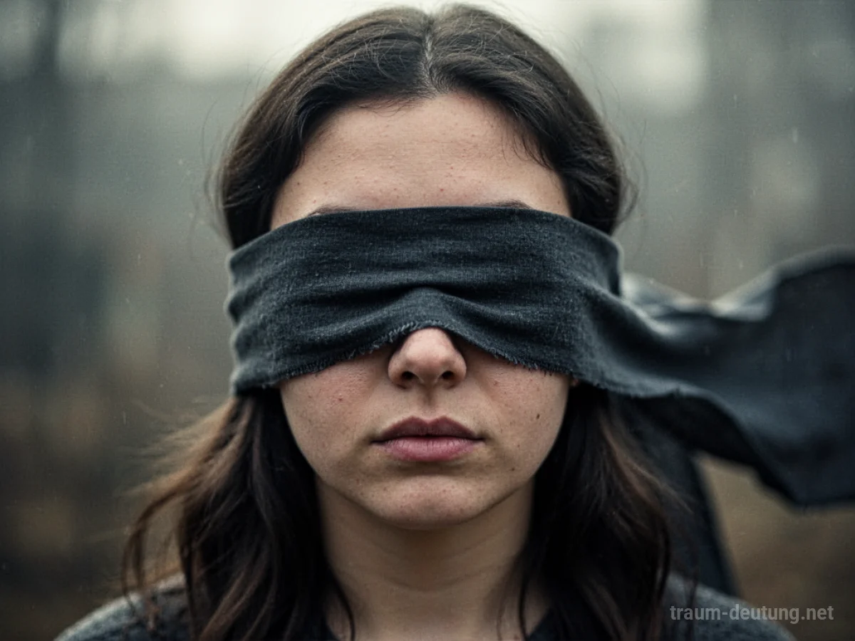 Augen sind mit einem dunklen Tuch bedeckt, was das Nicht-Sehen symbolisiert