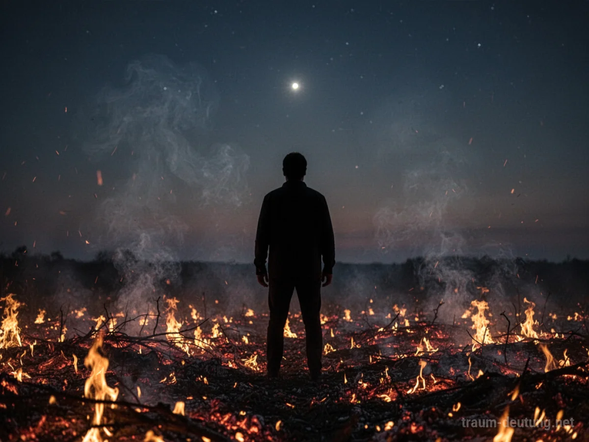 Silhouette einer Person inmitten glimmender Kohlen bei Dämmerung