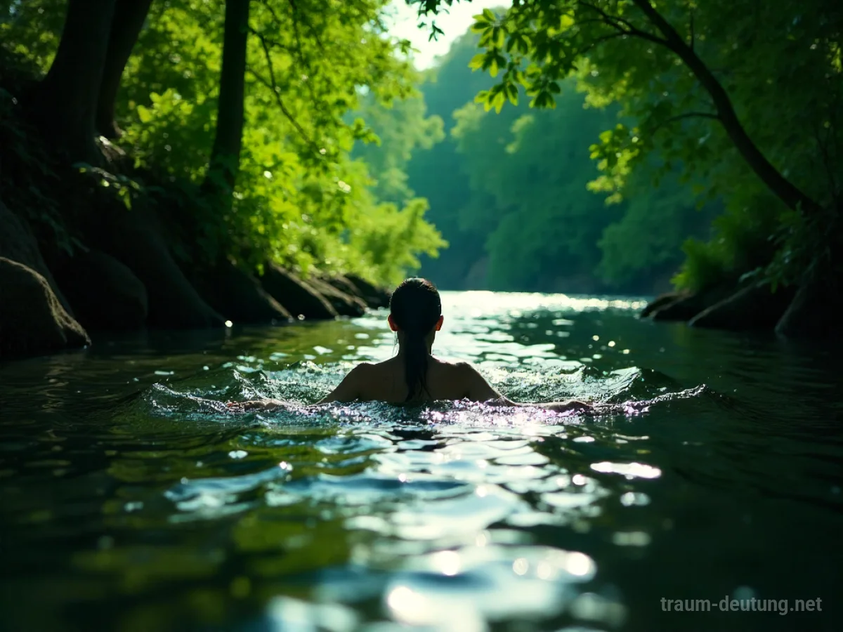 Eine Person schwimmt friedlich in einem klaren Bach.