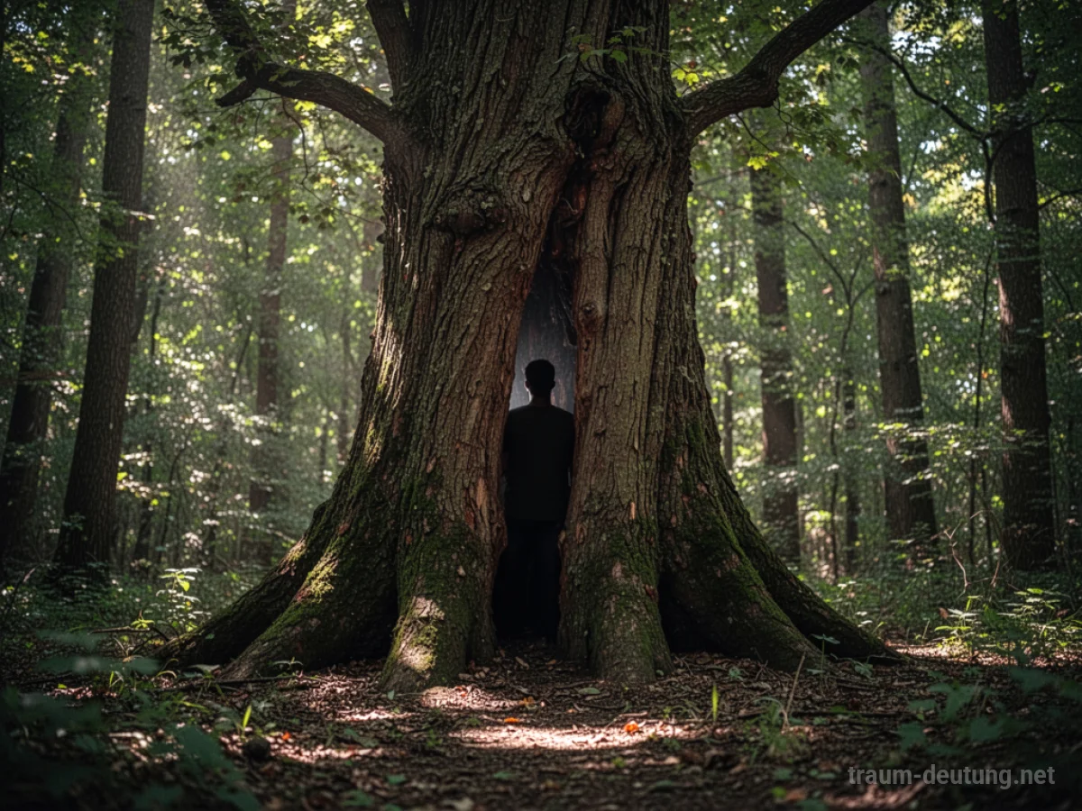 Eine Silhouette versteckt sich im Stamm eines großen Baumes im Wald.