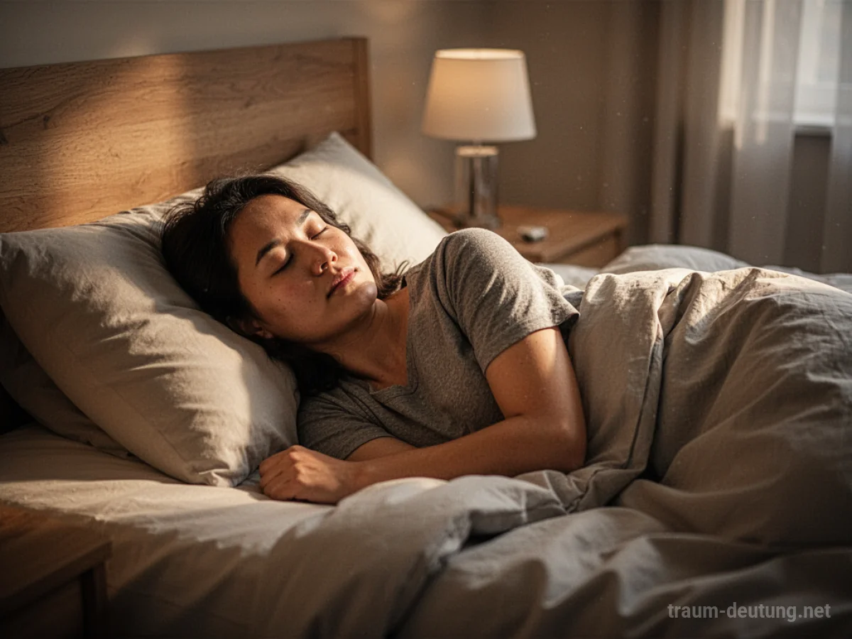 Person ruht im Bett bei warmem Licht.