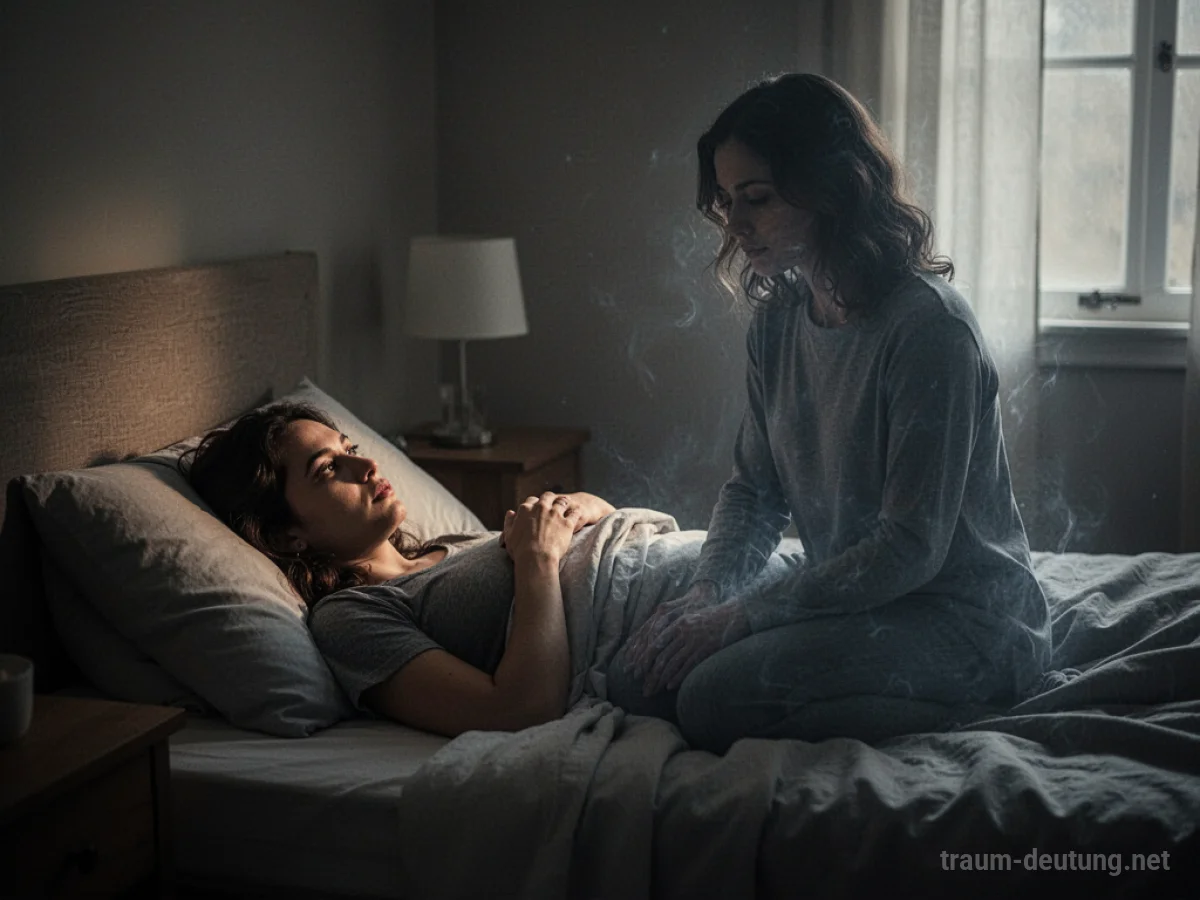 Traum: Eine Person liegt im Bett, eine schemenhafte Gestalt des Ex-Partners sitzt daneben.