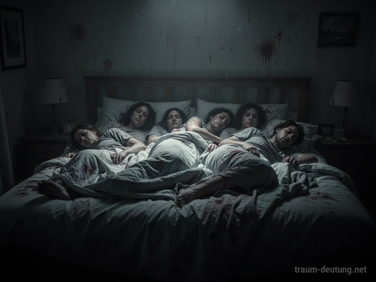 Eine Gruppe unscharfer, schattenhafter Figuren liegt in einem großen Bett in einem schwach beleuchteten Raum.