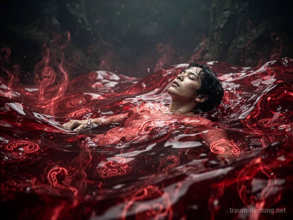 Abstrakte Darstellung einer Person in flüssigem Rot, das Blut symbolisiert.