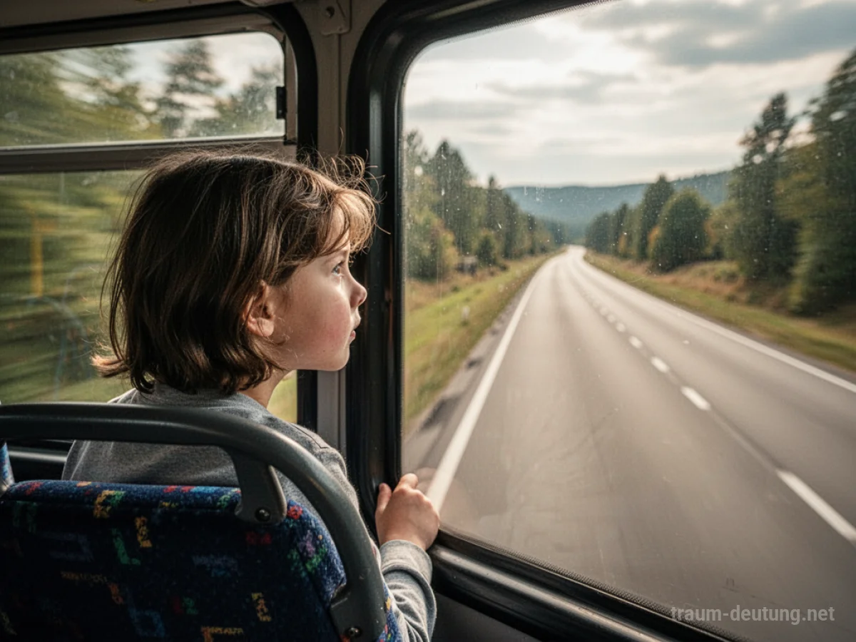 Blick aus dem Fenster eines fahrenden Busses auf eine vorbeiziehende Landschaft.