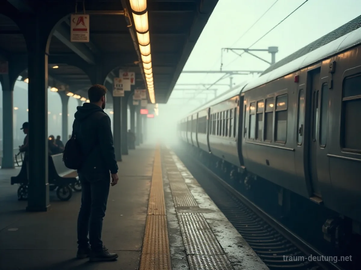Person blickt verwirrt auf einen falsch abfahrenden Zug am Bahnsteig.