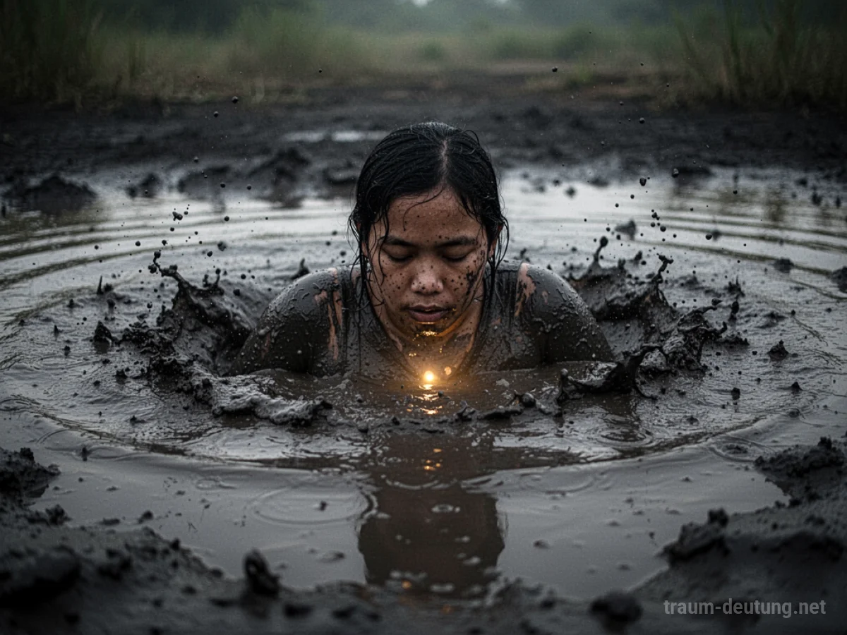 Eine Person, die im Schlamm badet, mit einem sanften Lichtschein.