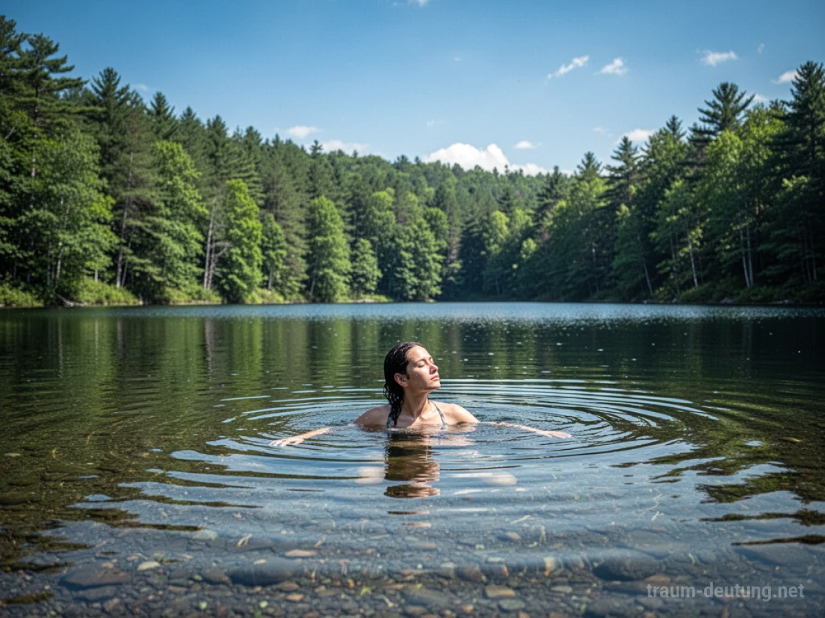 Eine Person badet friedlich in einem klaren See inmitten eines Waldes.