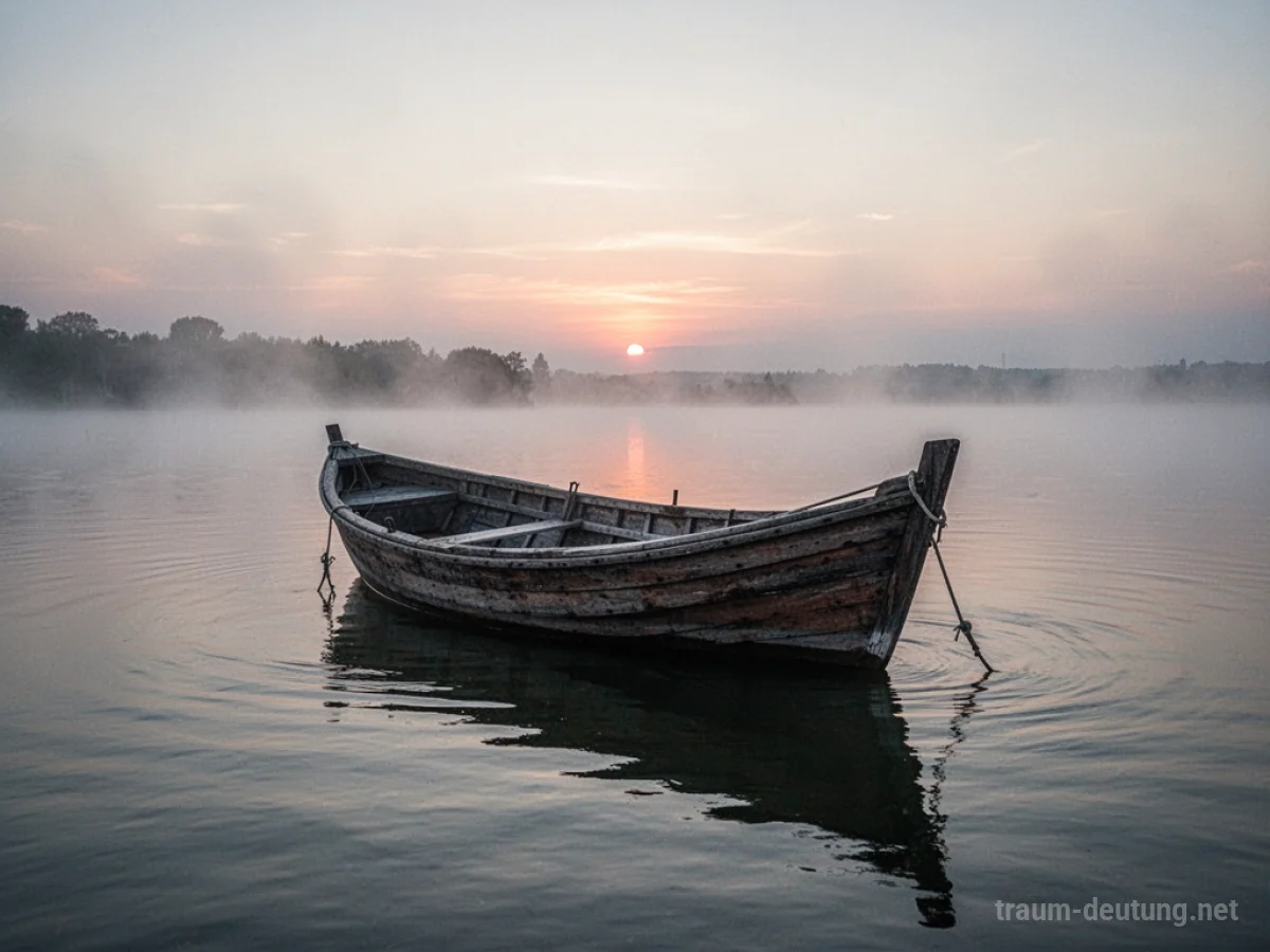 Ein einzelnes Boot auf ruhigem Wasser bei Sonnenaufgang