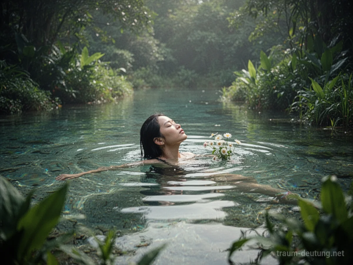 Eine Person badet friedlich in klarem Wasser inmitten grüner Natur.