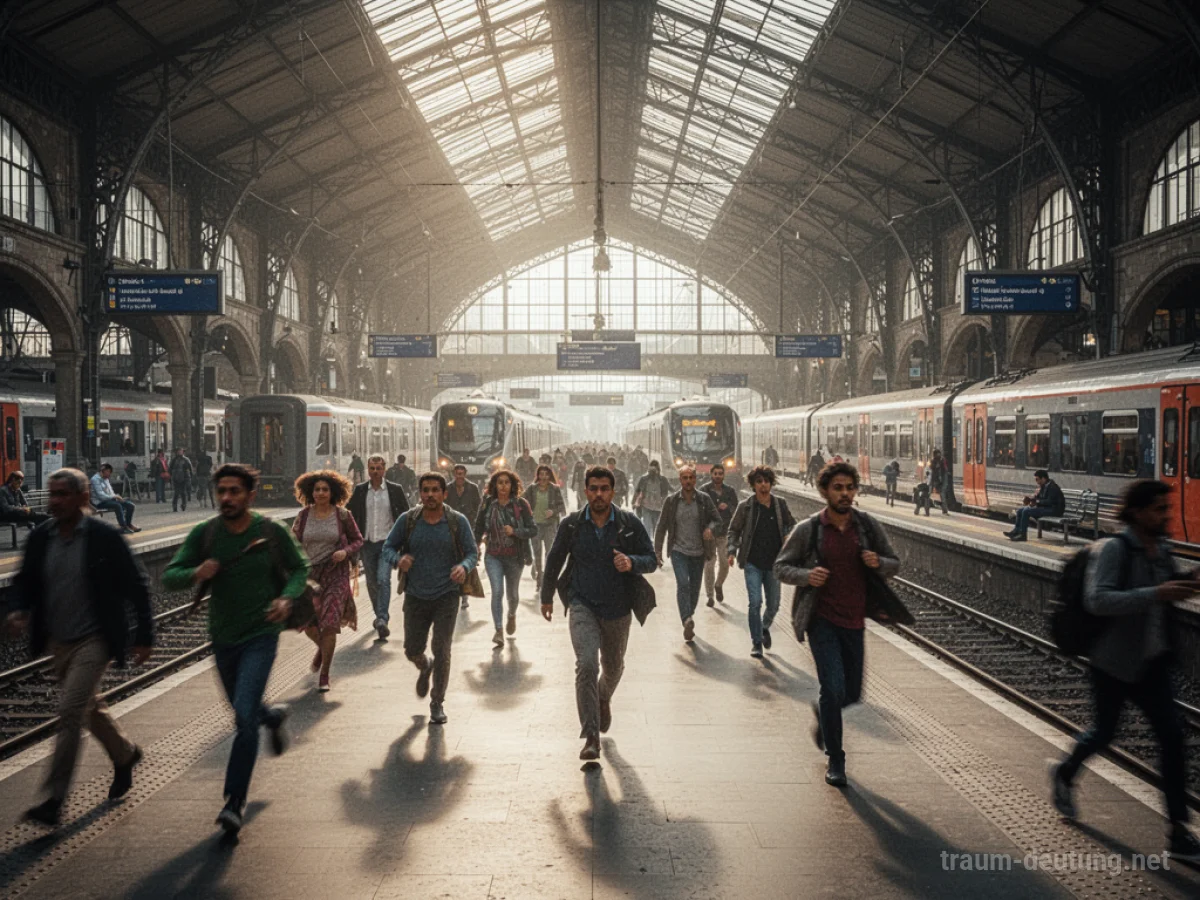 Menschenschwarm auf einem belebten Bahnhof, Züge fahren ein und aus.