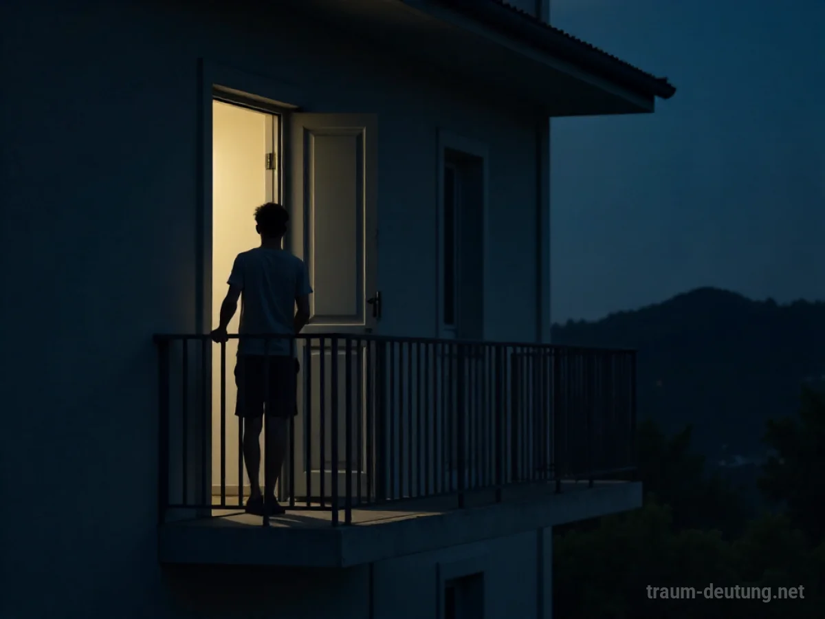Silhouette einer Person auf einem Balkon bei Nacht, die in einen Raum blickt.