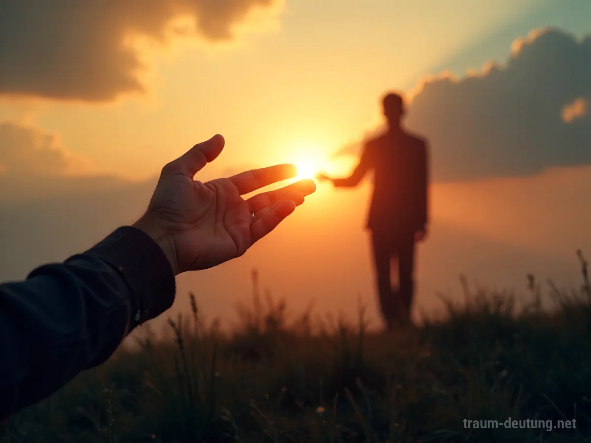 Eine Hand berührt sanft eine Silhouette in einer Traumlandschaft.