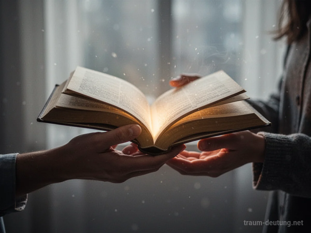 Eine Hand reicht ein offenes Buch an eine andere Person weiter.
