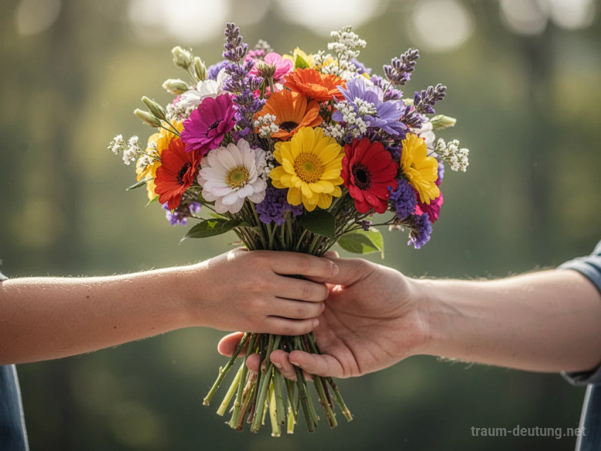 Eine Hand reicht jemandem einen Blumenstrauß.