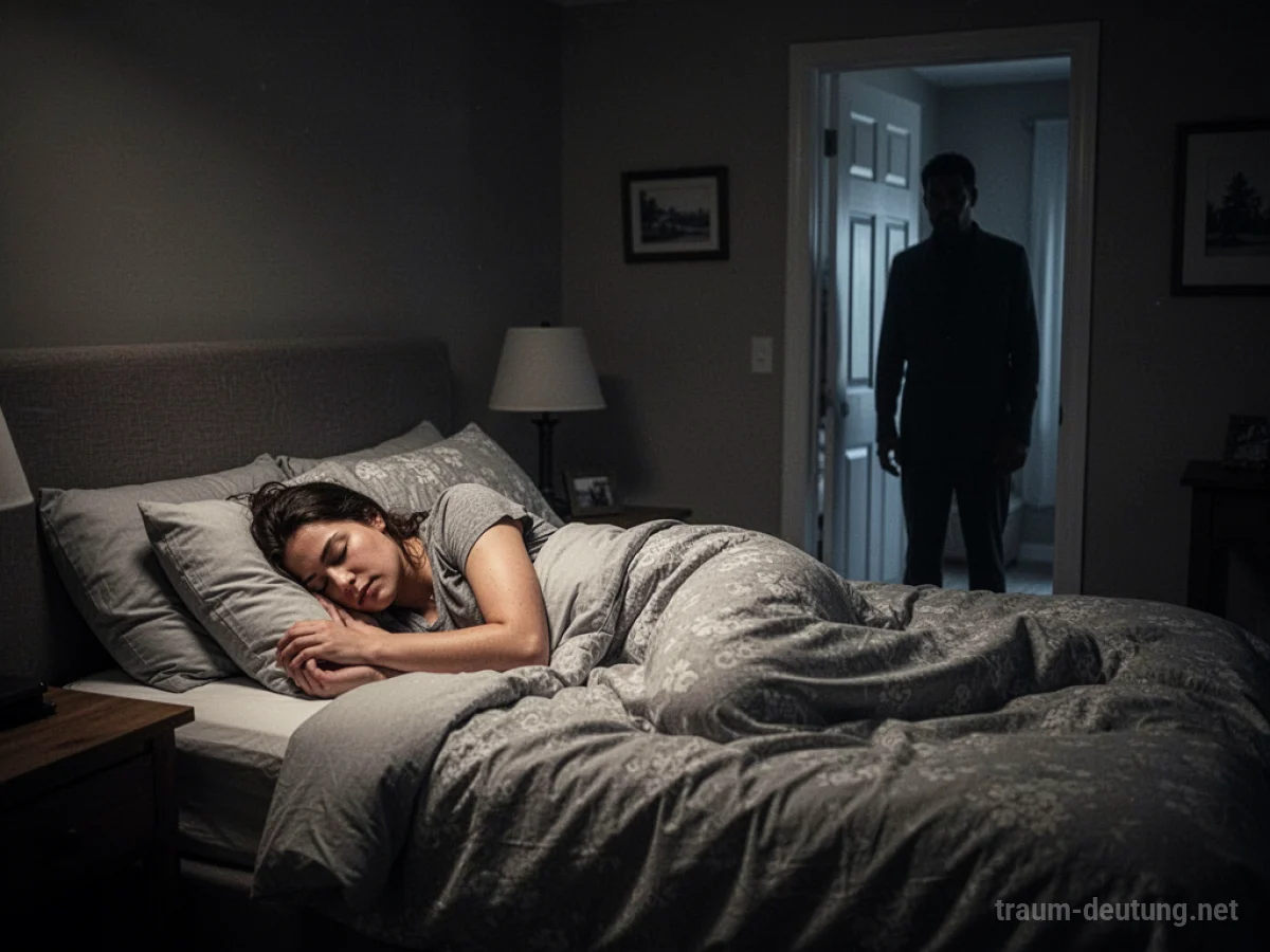 Schlafende Person im Bett, beobachtet von einer schattenhaften Gestalt im Türrahmen.