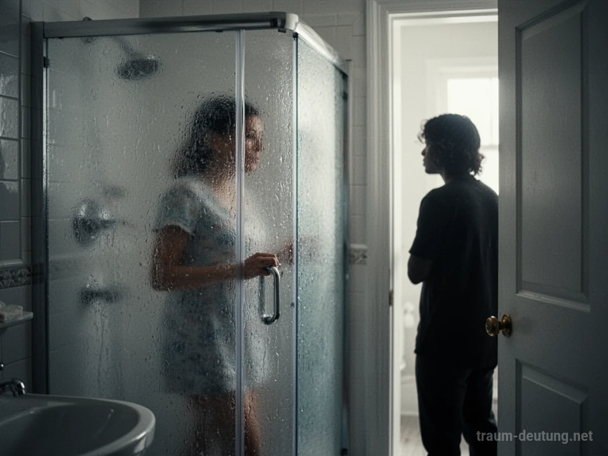Silhouette einer Person, die durch eine Badezimmertür zusieht, wie jemand in der Dusche steht.
