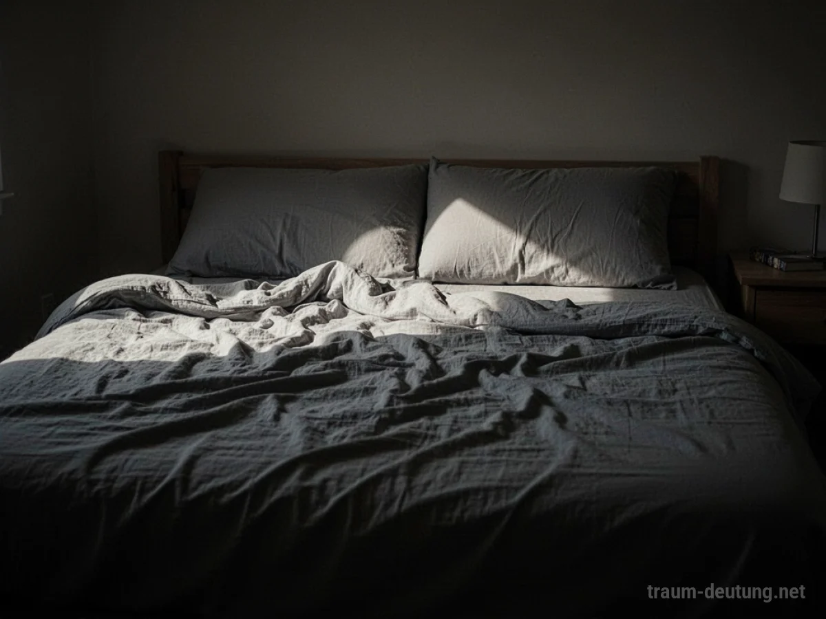 Ein ungemachtes Bett in einem schattigen Raum.